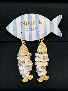 Piper•k Gold & White Natural Shell Fish Drop Earrings- Light and New